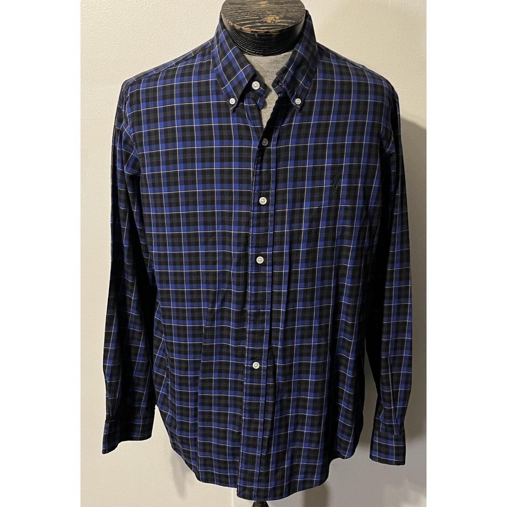 Ralph Lauren Shirt Mens Large Blue Plaid Custom‎ Fit Button Down Long Sleeve